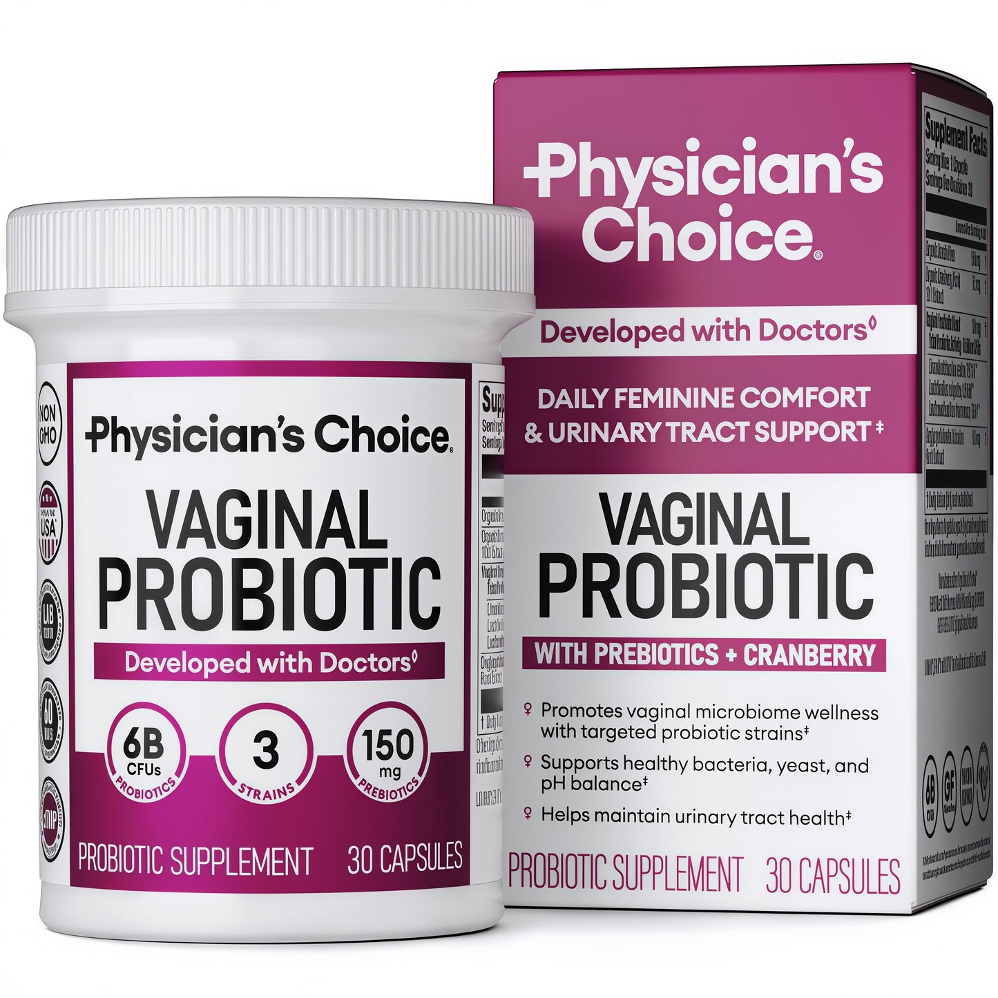 Physician's CHOICE Vaginal Probiotics for Women - pH Balance, Odor Control, Yeast Balance, Vaginal Flora & Feminine Health - 6B CFU with Organic Prebiotics and Cranberry Extract - 30 CT