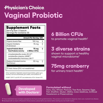 Physician's CHOICE Vaginal Probiotics for Women - pH Balance, Odor Control, Yeast Balance, Vaginal Flora & Feminine Health - 6B CFU with Organic Prebiotics and Cranberry Extract - 30 CT