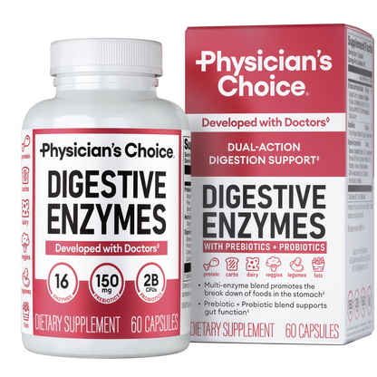 Physician's CHOICE Digestive Enzymes for Bloating & Digestion - Fast-Acting 16 Enzyme Formula with Organic Prebiotics & Probiotics for Gut & Digestive Health - Meal Time Discomfort Relief - 60 CT