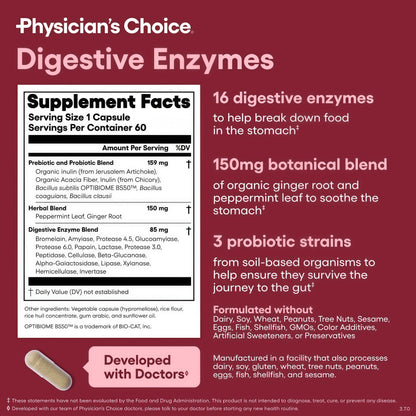 Physician's CHOICE Digestive Enzymes for Bloating & Digestion - Fast-Acting 16 Enzyme Formula with Organic Prebiotics & Probiotics for Gut & Digestive Health - Meal Time Discomfort Relief - 60 CT